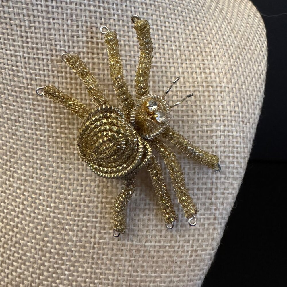 Gold-Tone Handmade Wire Spider Brooch With Rhinestone Accents - Picture 6 of 14